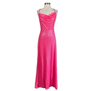 Pink Sequined Backless Evening Gown Size 14 Sleeveless Thigh Slit Formal by AQUA